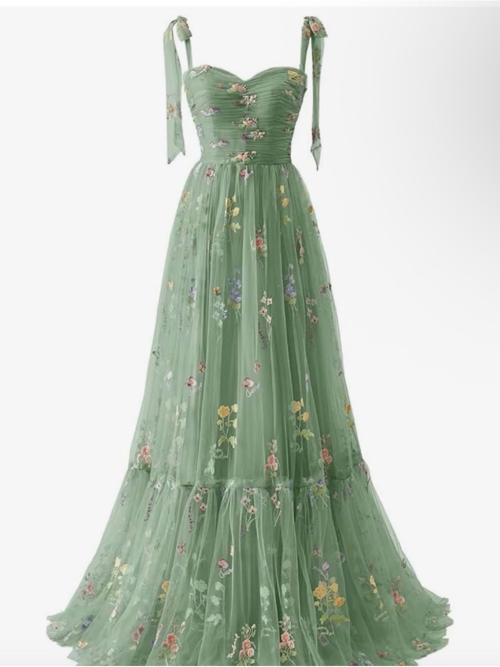 Green Floral Tulle Maxi Dress with Tie Straps